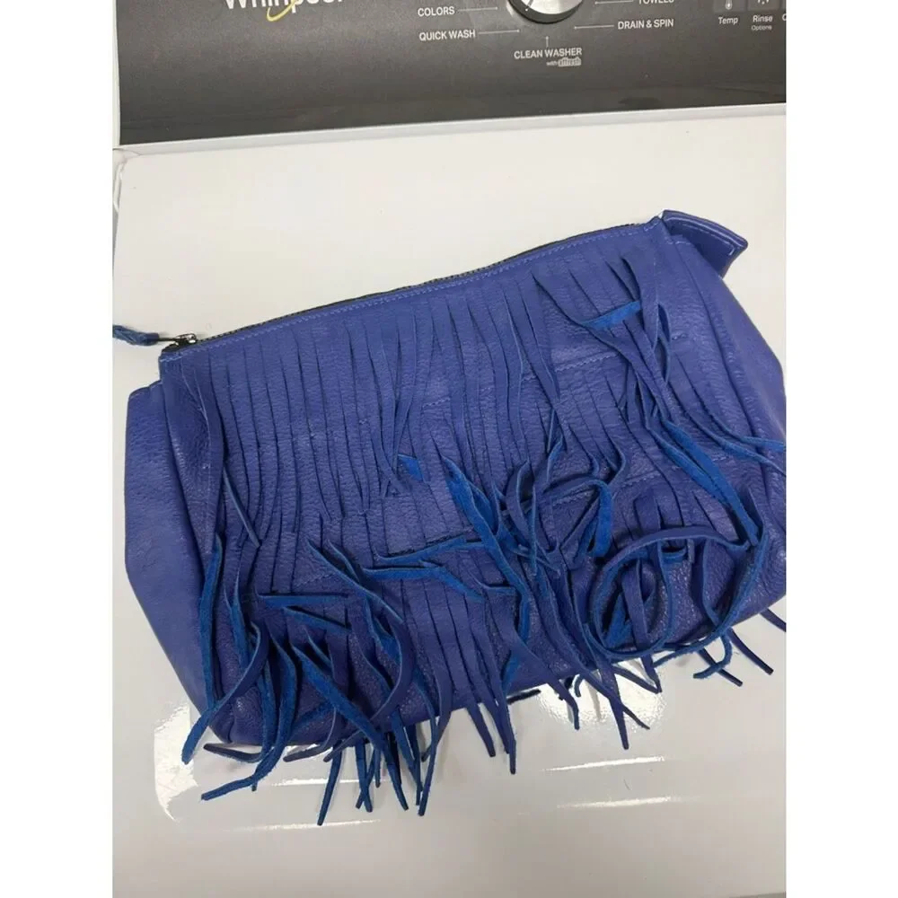 Large Fringe Clutch - Royal Blue - Zip Closure - BRAND NEW Leather Purse
